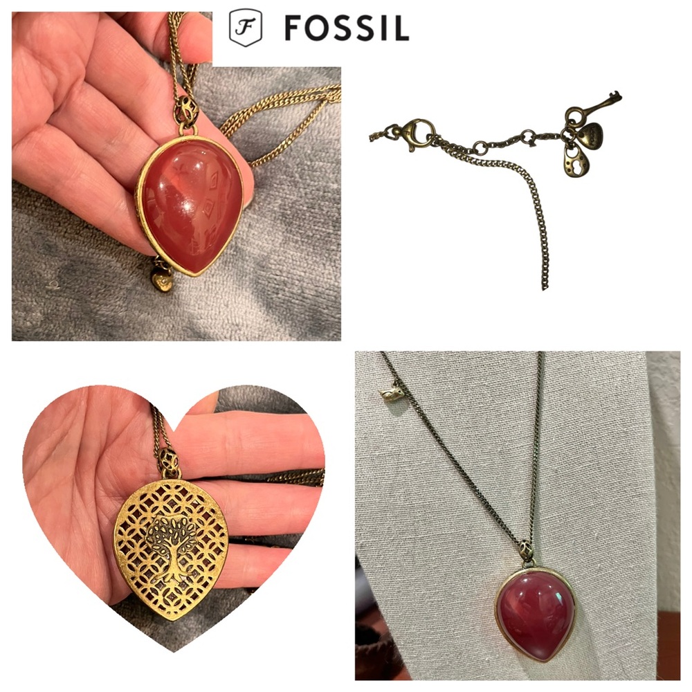 N170 Fossil Necklace with Large Red Teardrop Stone and Goldtone Charm Accents